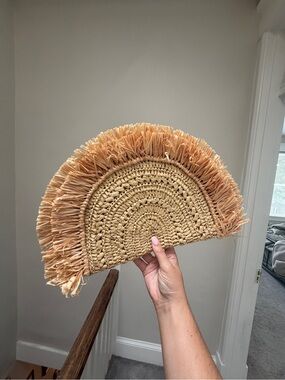 Boden Straw Half-Moon Raffia Clutch in Natural Tan and Peach Fringe